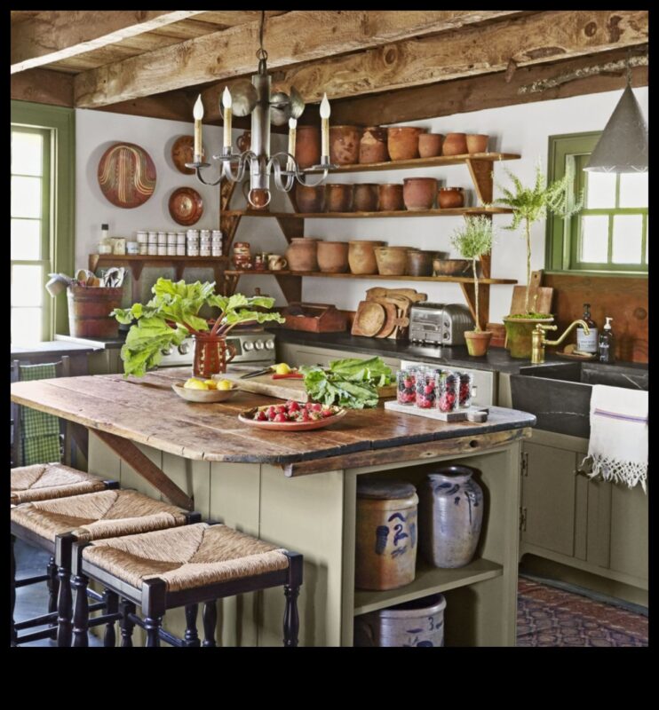 Lauku stila virtuves dekors burvīgai gaisotnei